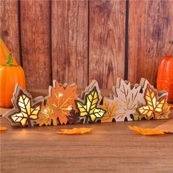 Lighted Fall Maple Leaves Sign Table Centerpieces Thanksgiving Wooden Block Sign - Picture 2 of 7